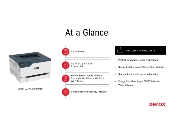 Xerox C230 - Printer - farve - laser - 216 x 340 mm - 600 x 600 dpi - op til 22 spm (mono) / op til 22 spm (farve) - kapacitet: 250 ark - USB 2.0, LAN, Wi-Fi(n), USB 2.0 vært - Green World Alliance returneringsprogram