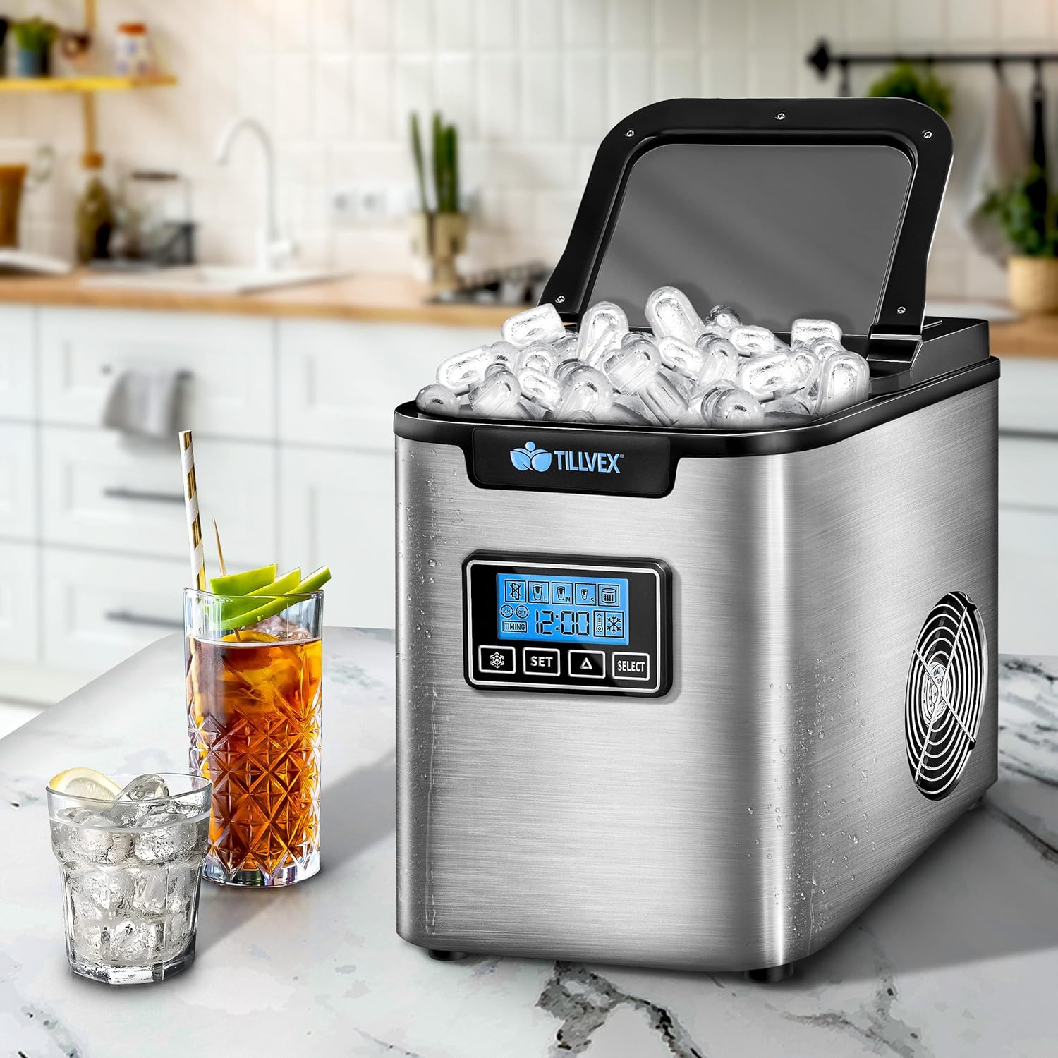 tillvex Eiswürfelmaschine Edelstahl 12 kg - 24 h | Eiswürfelbereiter mit Timer und 2,2 Liter Wassertank | Ice-Maker LCD-Display & Selbstreinigungsfunktion | 3 Eiswürfel Größen (Silber)