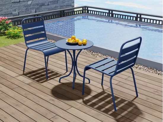 Salle à manger de jardin en métal - une table D.60cm et 2 chaises empilables - Bleu nuit - MIRMANDE de MYLIA