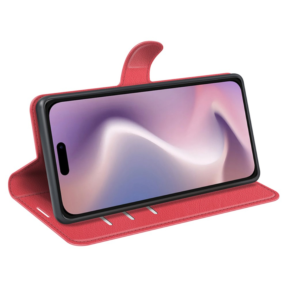 iPhone 16 Pro Leder Tasche Flip Cover Litchi Look - Rot