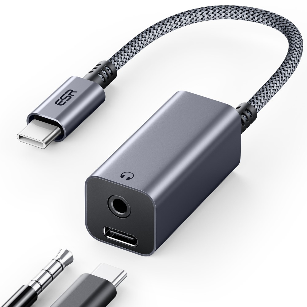 (10cm) USB C (m) auf 3.5mm Kopfhöreranschluss und USB C Port (w) Nylon Kabel mit Power Delivery (PD 2.0) - Grau