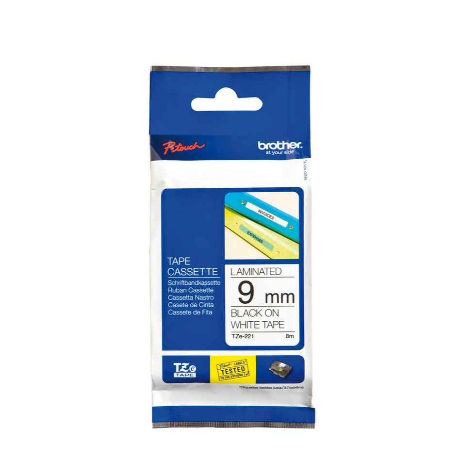 P-Touch TZe Schriftband laminiert 9mm Ersatzkassette (TZe-221) - Schwarz / Weiss