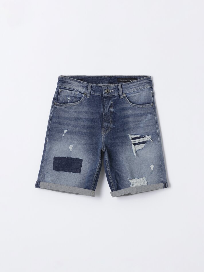 Shorts jeans slim confortáveis com rasgos - Azul-marinho