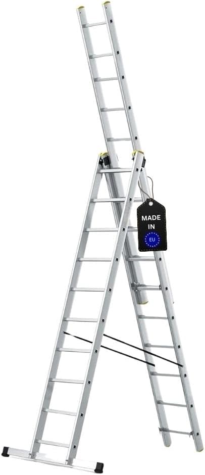 PROREGAL Economy Plus 3-delige multifunctionele ladder met dwarsbalk, 3 x 10 sporten, werkhoogte 6,31 m, draagvermogen 150 kg