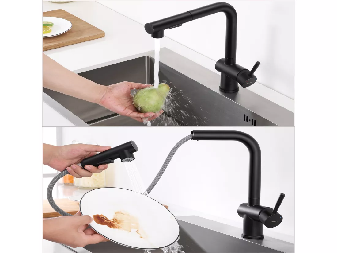 Mitigeur Cuisine Noir Douchette Robinet Douchette d'évier Extractible à 2 Jets Mitigeur Evier Bec Haut Pivotant à 360° Acier Inox Barboteur Démotable
