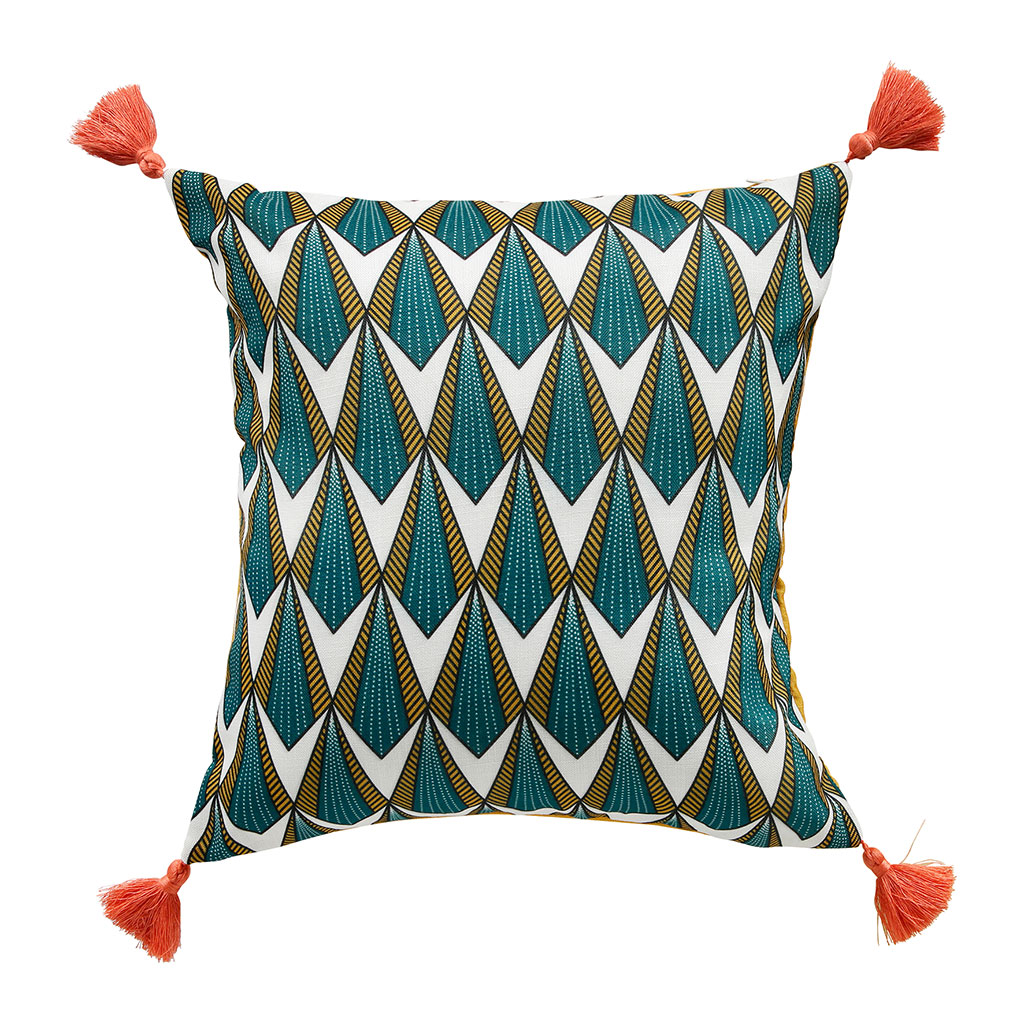 Coussin wax émeraude à pompons 45x45cm