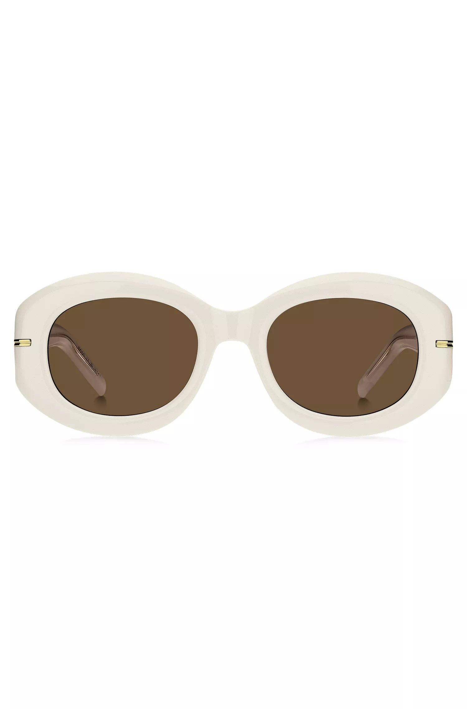 Óculos de sol BOSS em acetato preto e branco com detalhe dourado característico.
