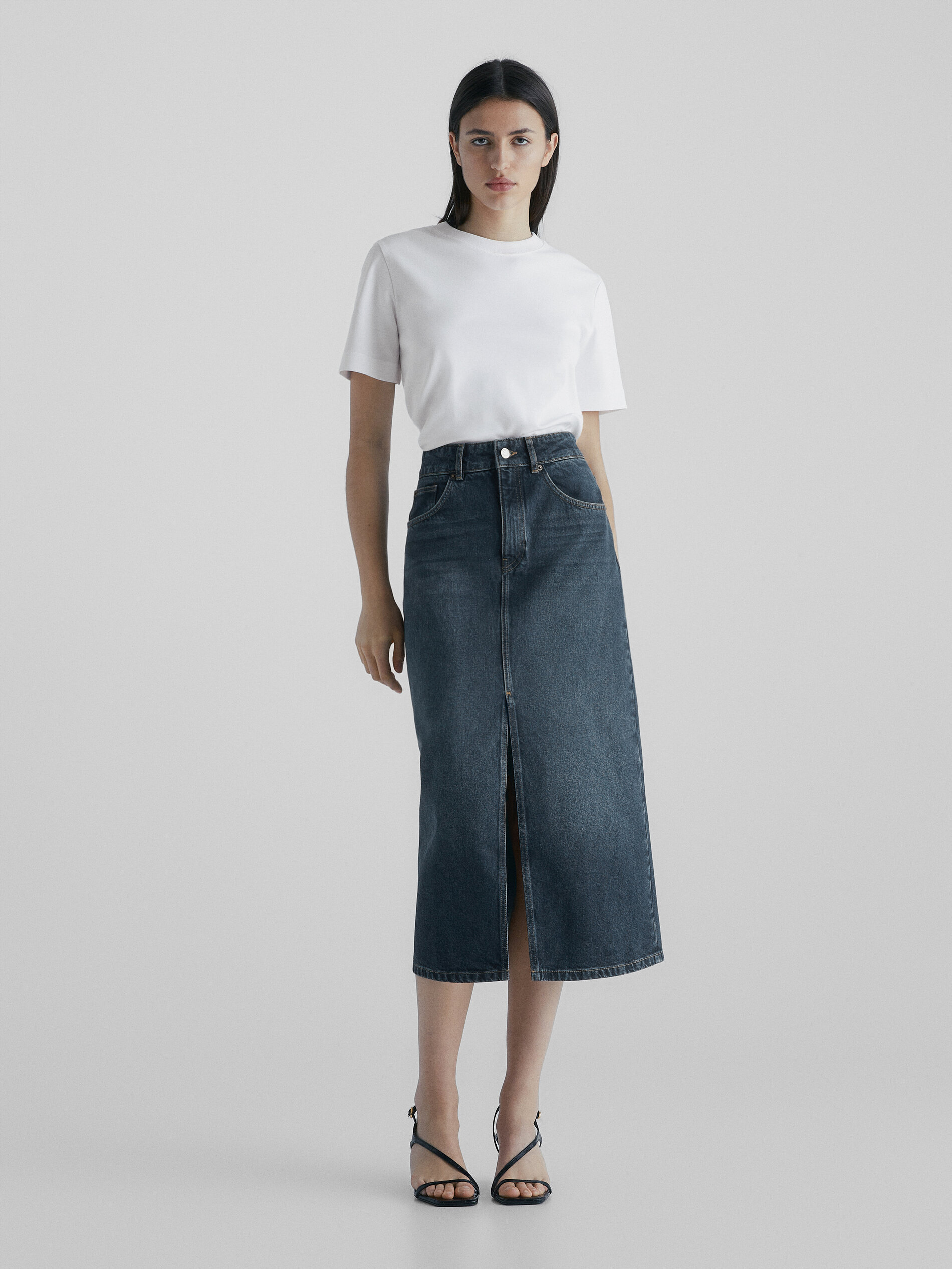 Saia jeans de cintura alta com efeito lavado - AZUL MÉDIO