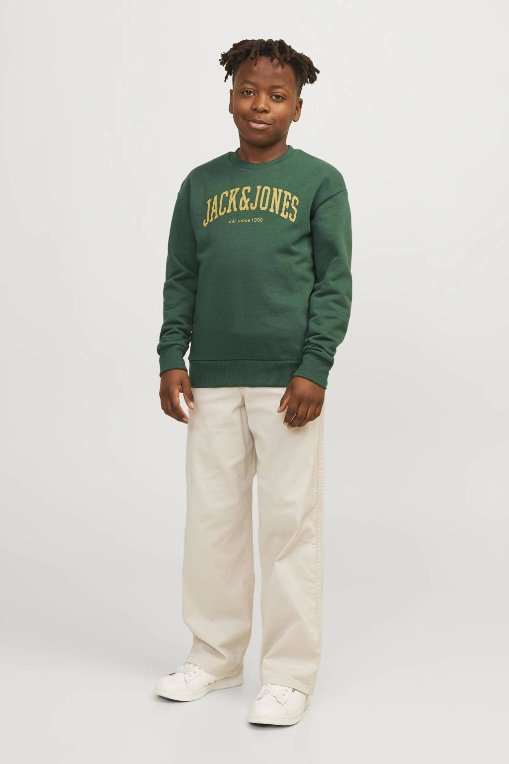 JACK & JONES sweater JJEJOSHmet tekst donkergroen/geel