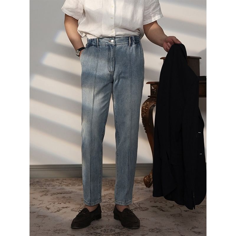 Zentrus - Mid Rise Washed Cropped Straight Leg Jeans / Effen Broek