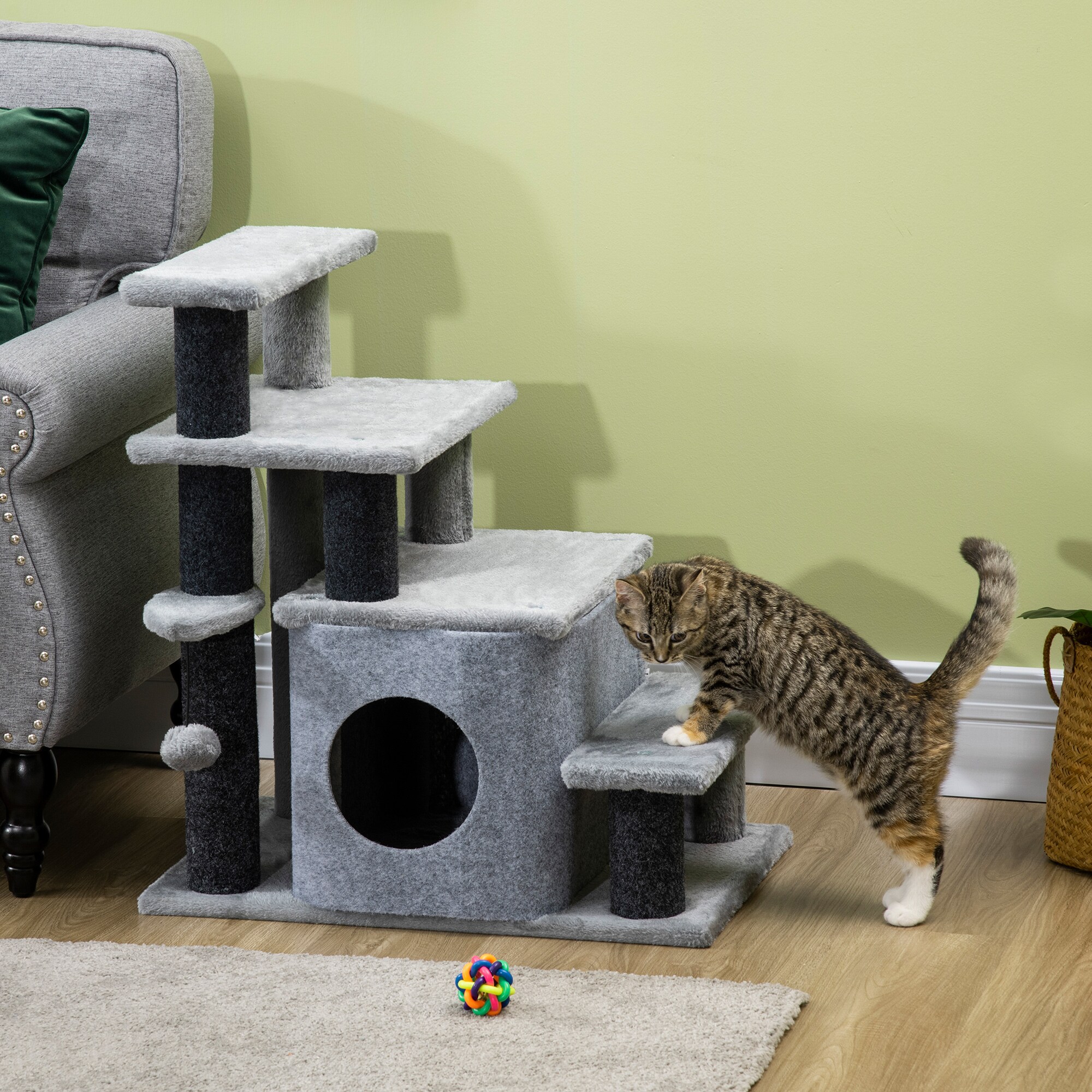 PawHut Haustiertreppe mit Schlafhöhle grau 60L x 40B x 66H cm