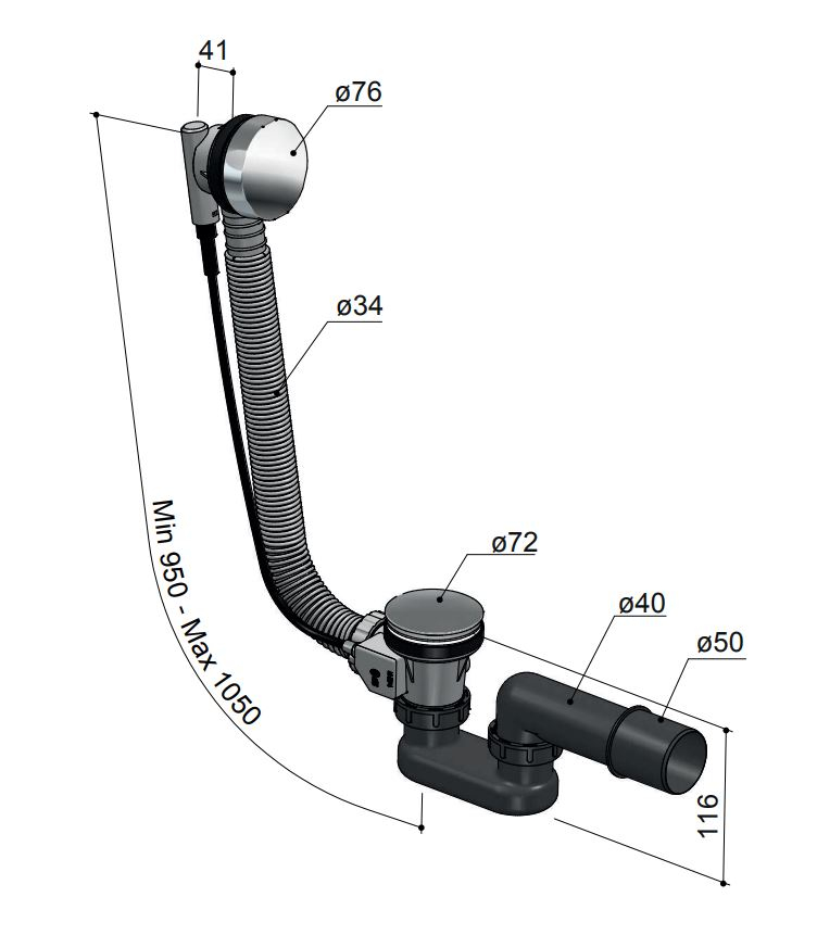 Hotbath Cobber Badafvoer verlengd Geborsteld Messing P032