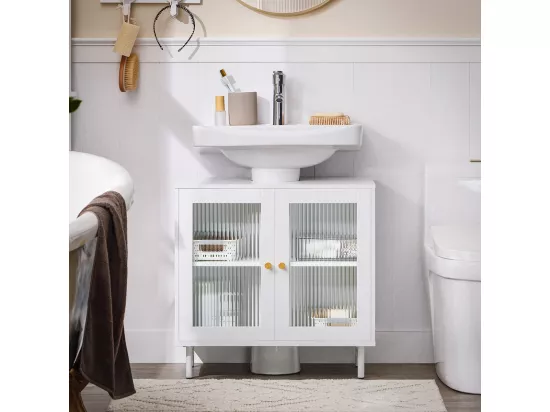 SoBuy Meuble sous Lavabo Salle de Bain, Meuble sous Évier, Armoire de Rangement pour Vasque sur Pieds avec 2 Portes en Verre, 60x30x59 cm, Blanc, BZR115-II-W