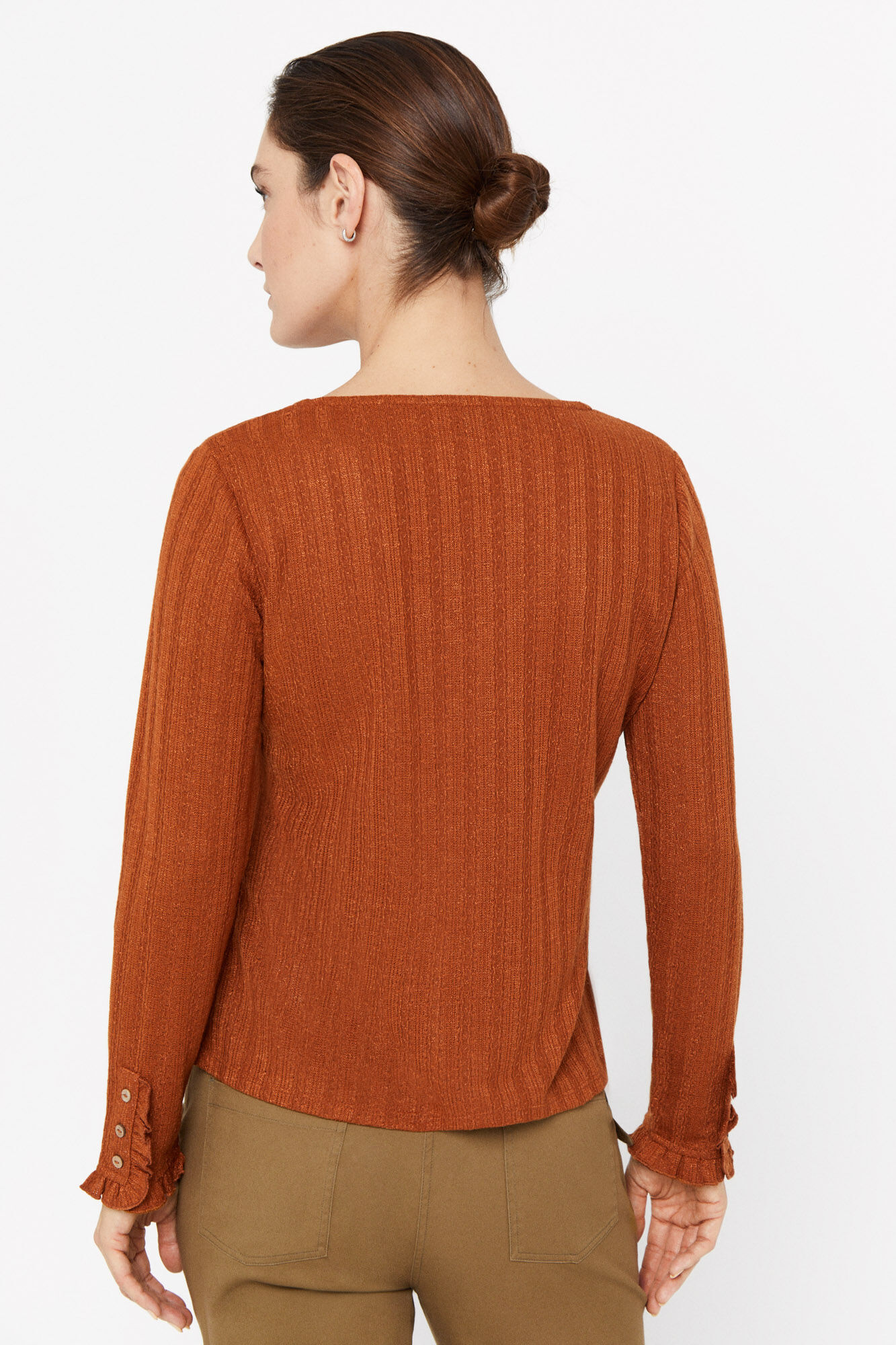 Blusa de malha com punhos franzidos - Cor Camel