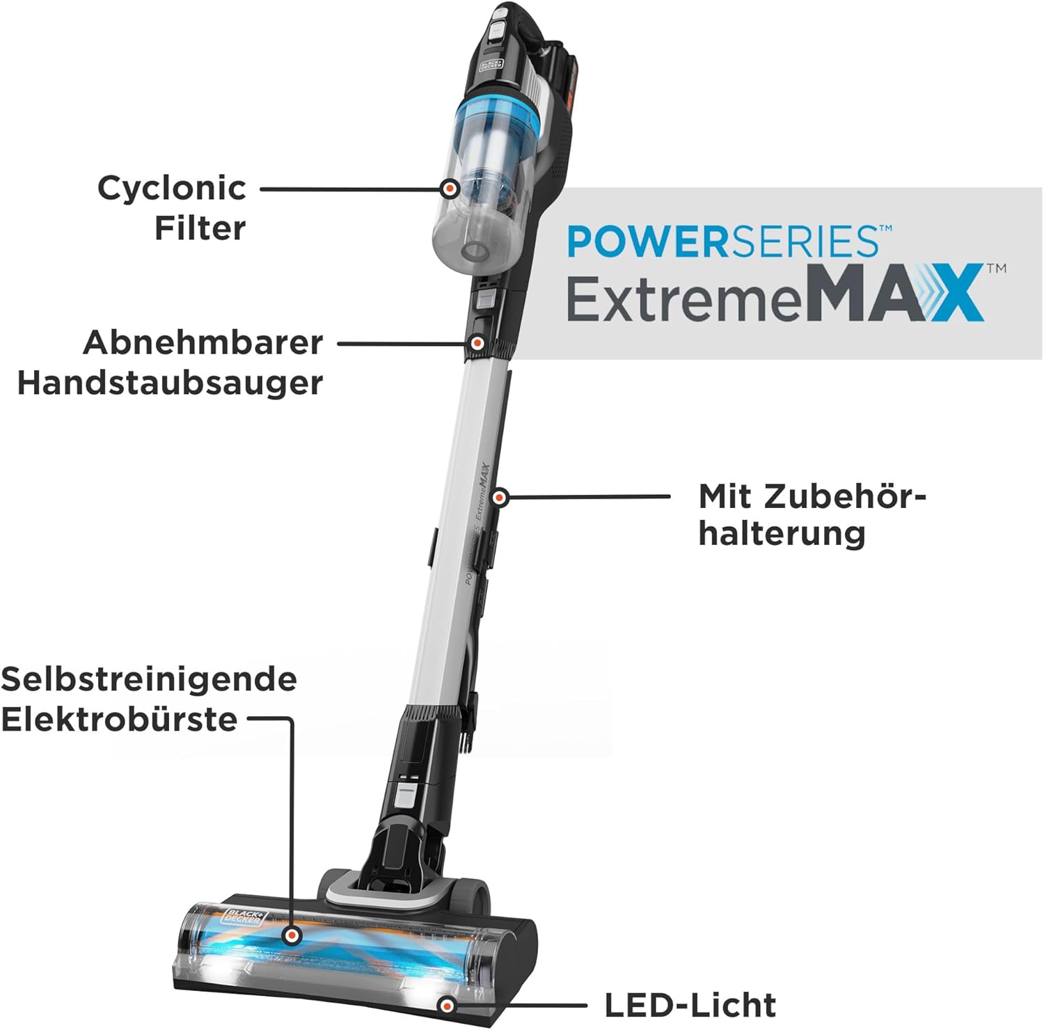 BLACK+DECKER POWERSERIES Extreme MAX Akku-Stielstaubsauger (18V, 2.0Ah, beutelloser 4in1 Boden- & Handstaubsauger, kabellos, mit Elektrobürste & LED-Licht, inkl. Zubehör, Akku & Ladegerät) BHFEB520D1