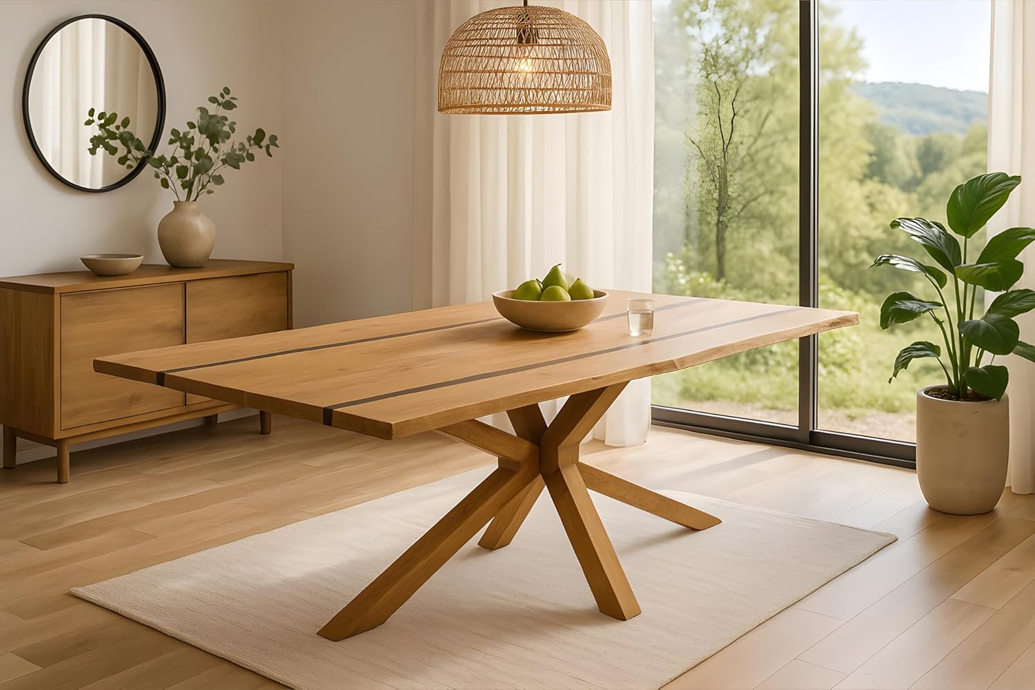 SAM Esstisch Pedro | 160 x 85 cm | Akazienholz massiv | Farbe: Natur | Resin/Epoxidharz-River in Schwarz | echte Baumkante | Spider-Gestell Holz Natur