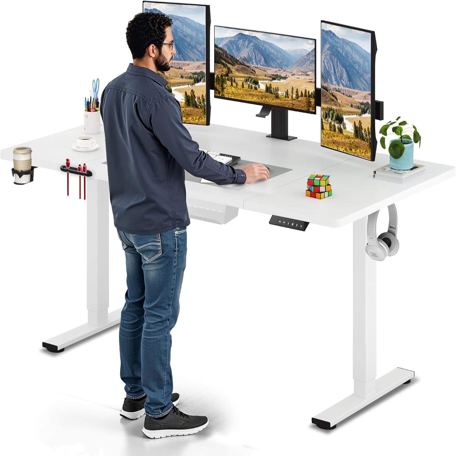 SANODESK Höhenverstellbarer Schreibtisch – ergonomischer Standing Desk mit Memory-Funktion & Kindersicherung, 160×60 cm, Stabiler Rahmen bis 60 kg Belastung(Weiß)