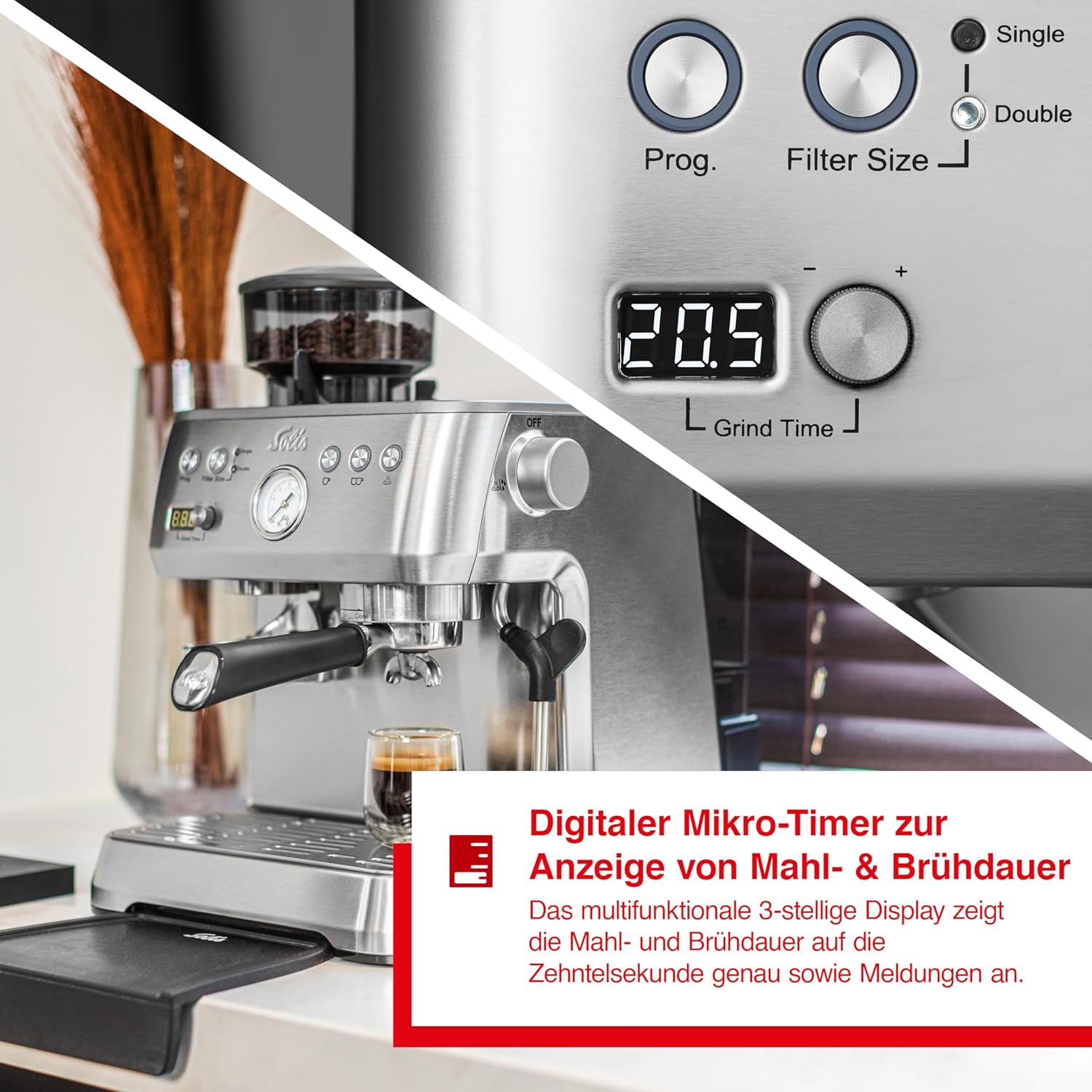 Solis Grind & Infuse PERFETTA Espressomaschine, Kaffeemaschine mit Mahlwerk und Milchaufschäumer, Halbautomatische Kaffeemaschine mit abnehmbaren Wassertank, Heißwasser- und Dampffunktion, Silber