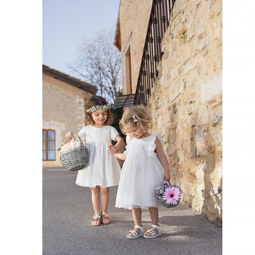 Robe manches courtes en jacquard pour bébé fille - Ecru