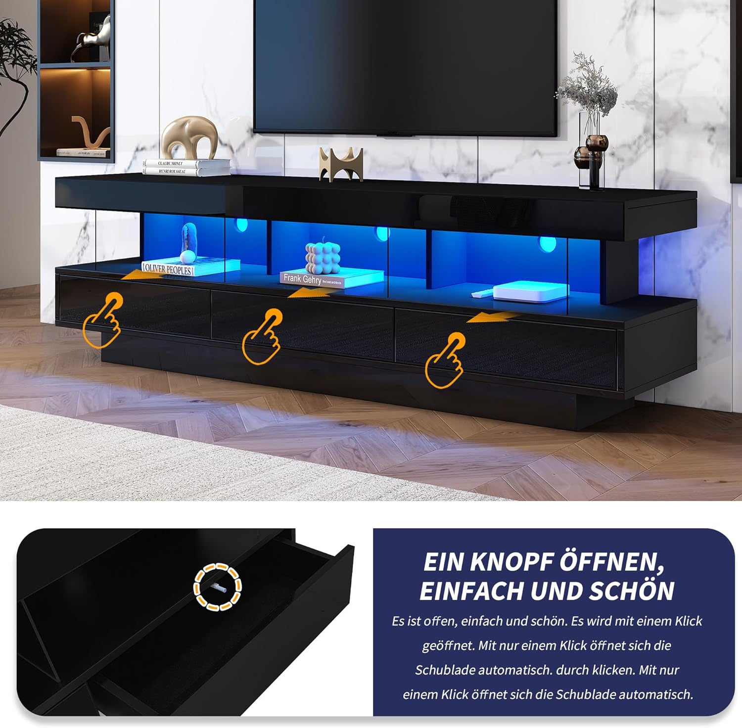 Fernsehschrank Schwarz Led, Hochglanz TV Schrank mit 3 Glasablagen, LED-Beleuchtung, App-Steuerung, Bluetooth-Konnektivität für 70 Zoll Fernseher, 160 * 38 * 50,5 cm