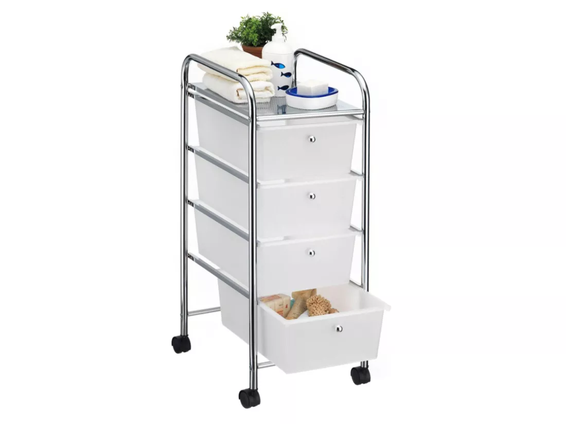 Caisson sur roulettes SANO chariot avec 4 tiroirs en plastique blanc transparent et 1 étagère, rangement salle de bain métal chromé
