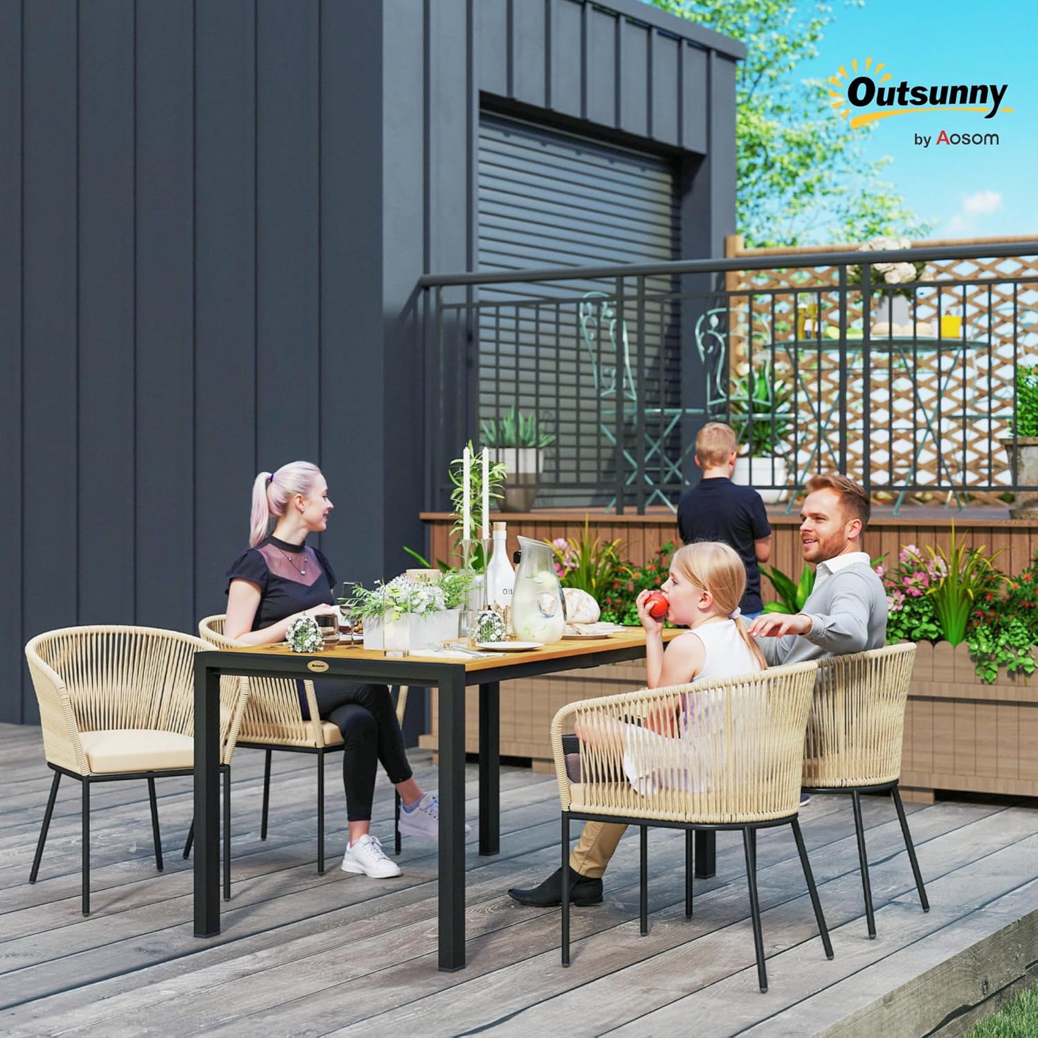 Outsunny 5-teiliges Polyrattan Gartenmöbel-Set für 4 Personen, wetterfest Balkonmöbel mit Tisch 4 Stühle abnehmbar Sitzkissen, Outdoor Terrassenmöbel Lounge-Set für Balkon, Garten, Naturholz+Khaki