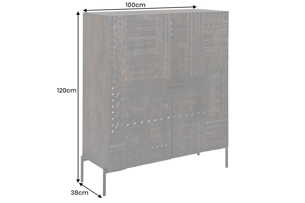 Massives Highboard TRIBAL 120cm antik braun Mangoholz 3D-Front viel Stauraum