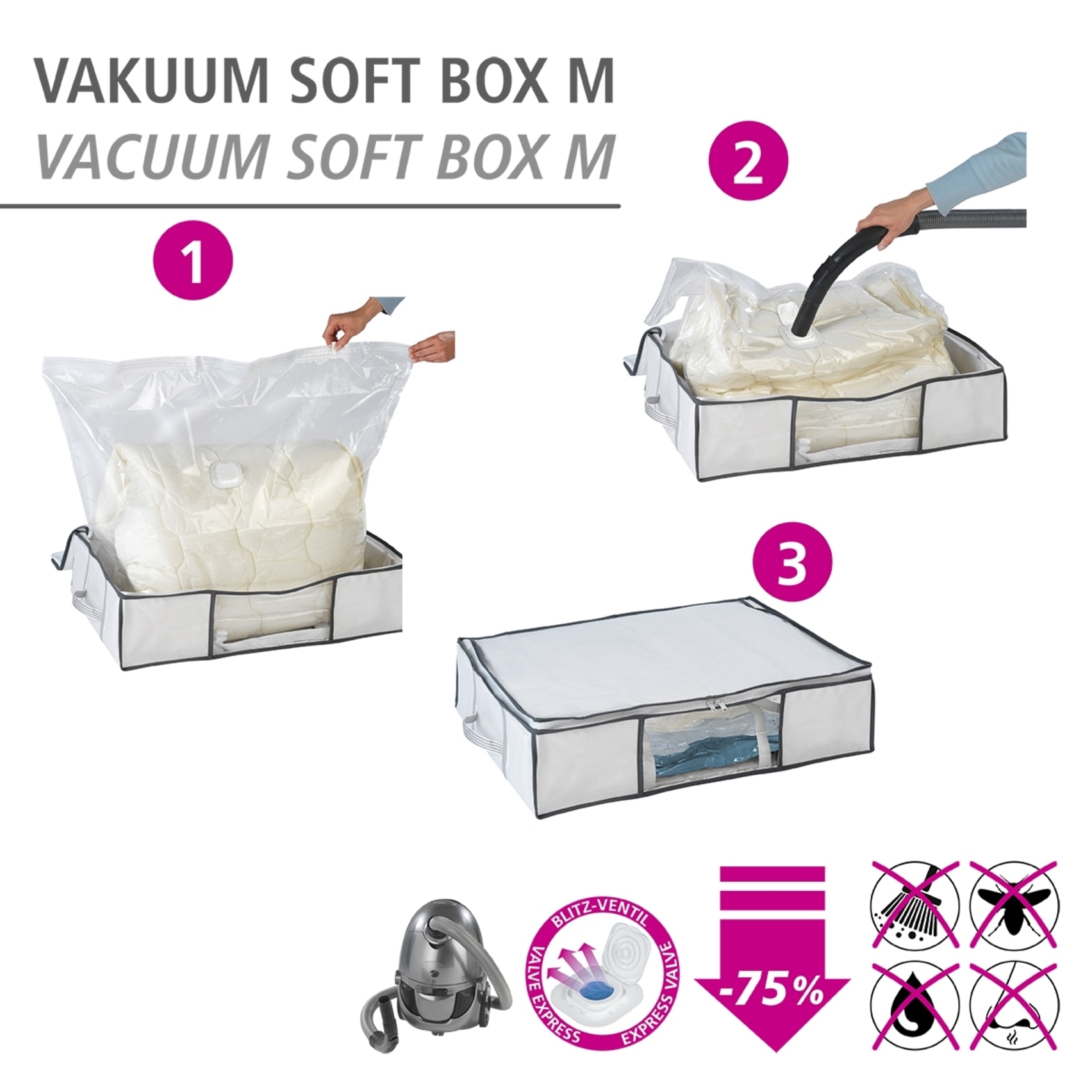 WENKO Unterbettkommode »Vakuum Soft Box M« integrierte Vakuum-Tasche & Blitzventil, bis zu 75 % Platzersparnis