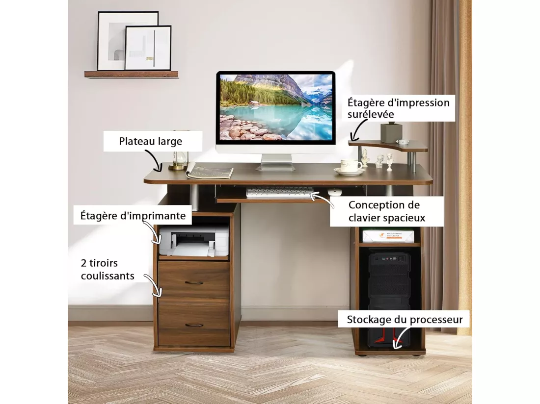 Bureau Informatique Table de Bureau en MDF pour Ordinateur Multi-Rangements avec Tablette Imprimante, Tablette à Clavier Coulissante, 2 Tiroirs 120x55x85cm (Noyer)