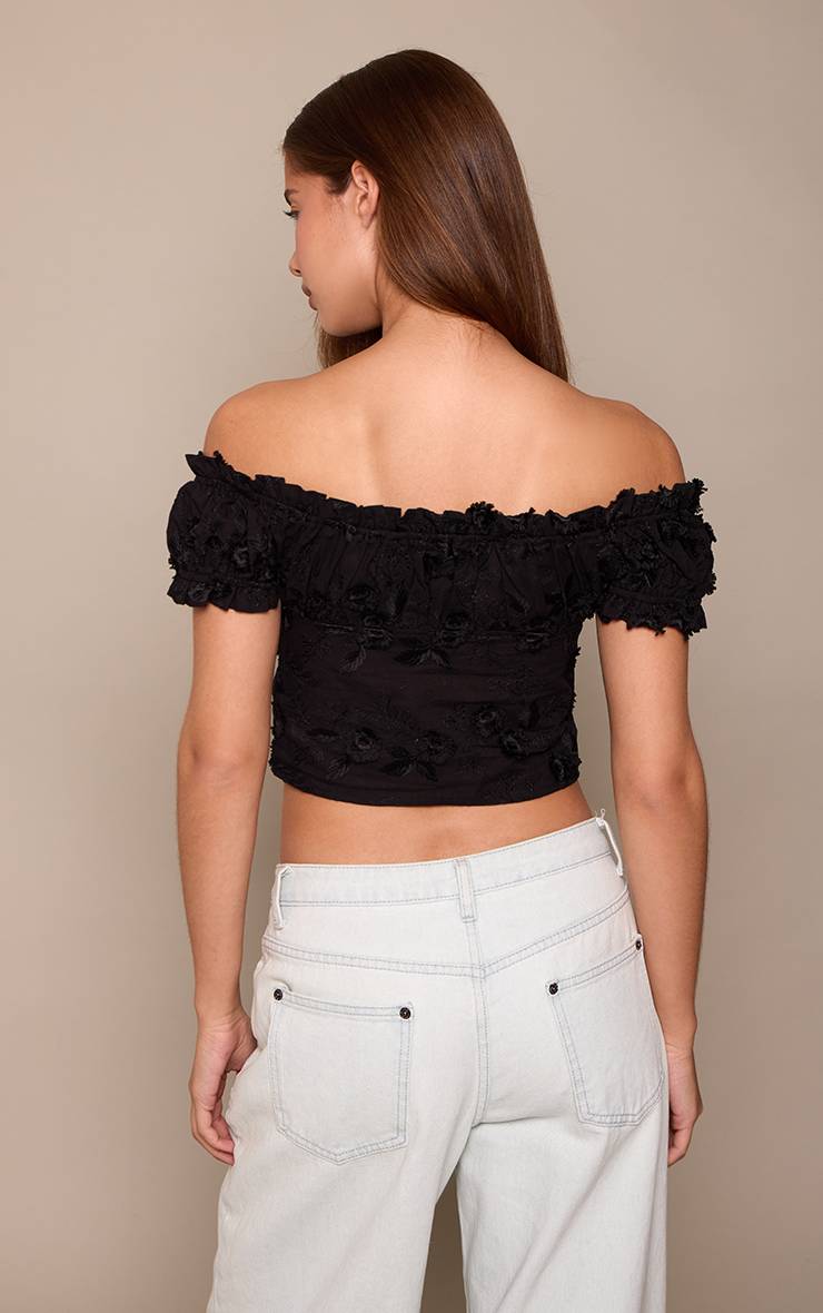 Noir Haut Bardot En Coton Brodé