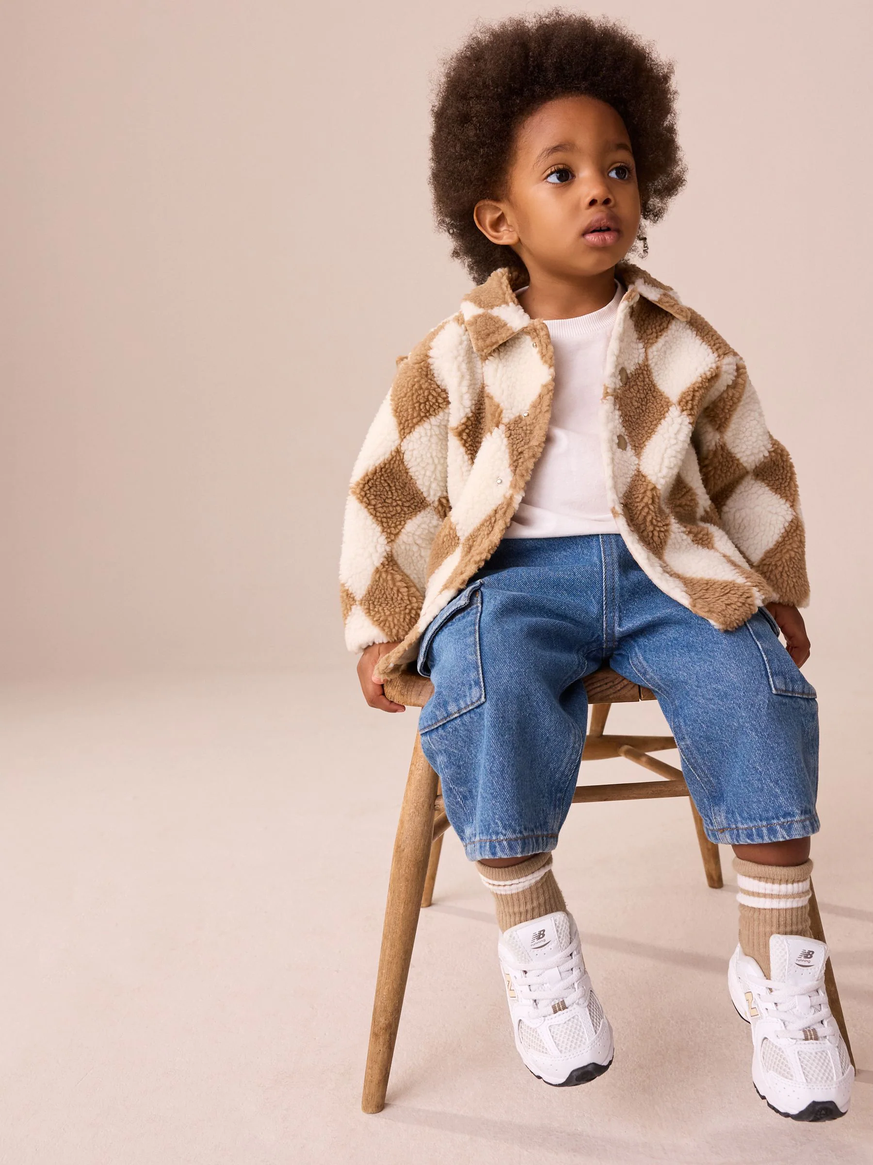 Naturel/bruin Harlequin - Fleece shacket van borg (3 mnd - 7 jr)