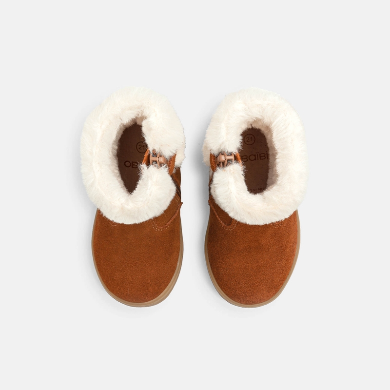 Boots croûte de cuir pailletté à revers fourré beige bébé fille