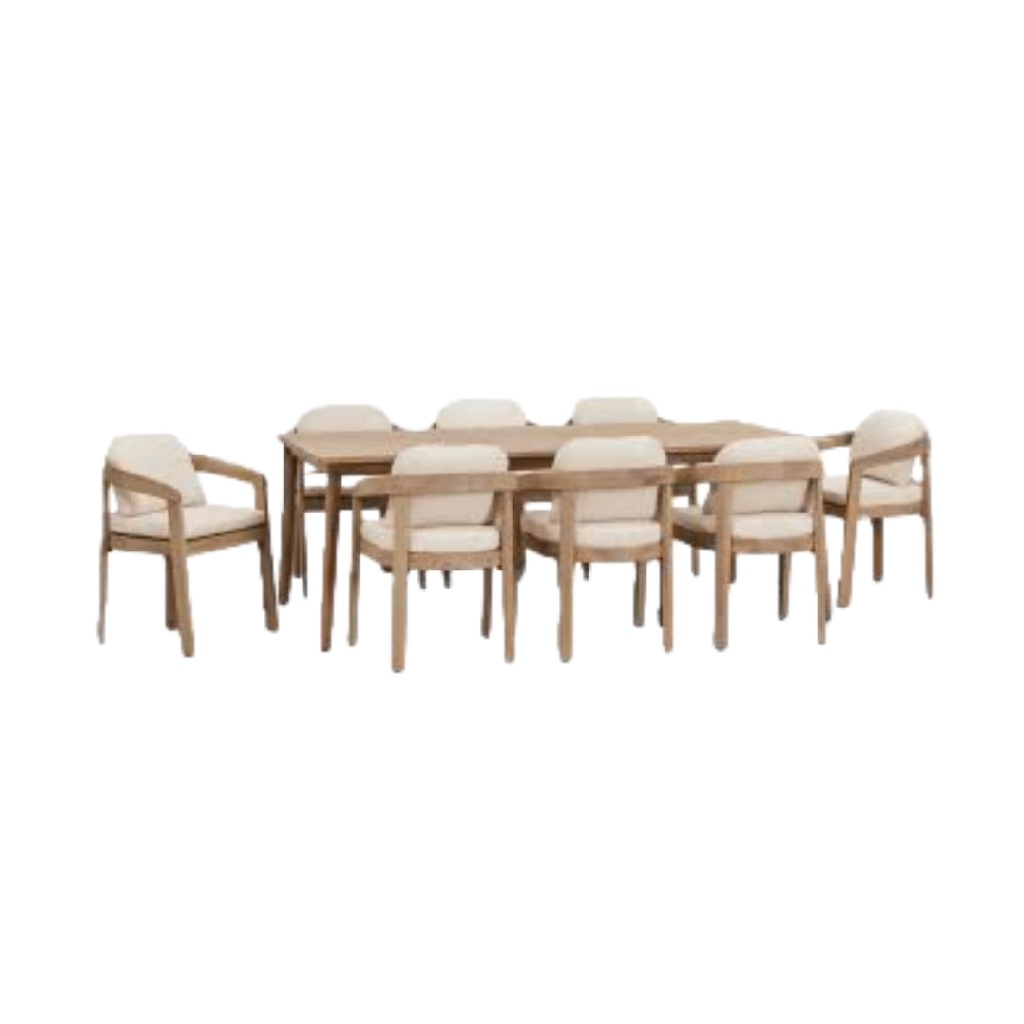 Ensemble salle à manger d’extérieur en bois naturel – 8 places – coussins beige