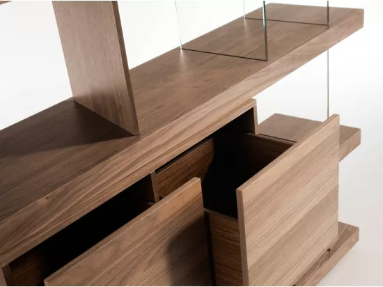 Grande étagère moderne bois noyer et verre trempé Atly 180cm