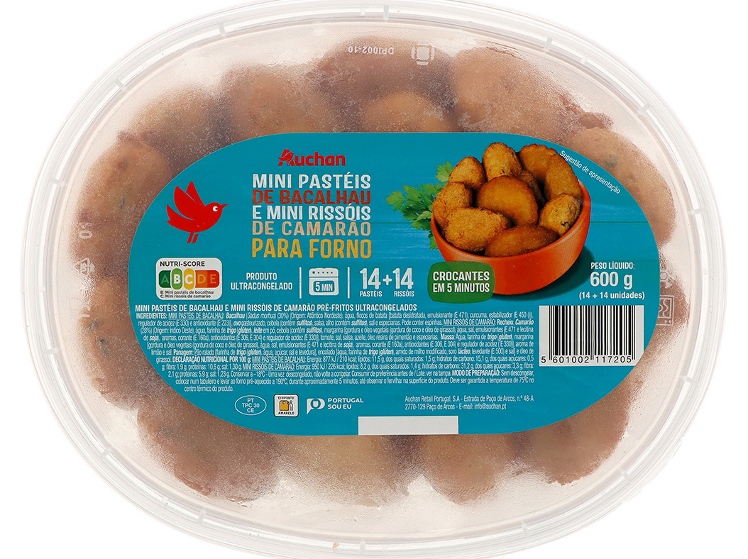 MINI PASTÉIS DE BACALHAU E RISSÓIS DE CAMARÃO AUCHAN PARA FORNO 28UN 600G