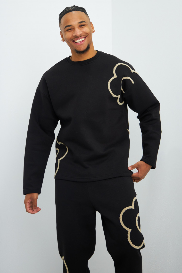 Ensemble 2 pièces sweat + jogging noir et beige à fleurs