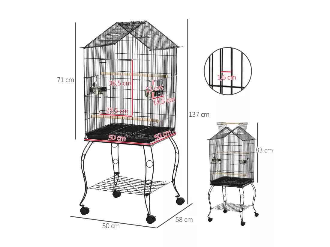 Cage à oiseaux sur pied volière avec 2 mangeoires perchoirs plateau amovible poignée et roulettes - 50 x 58 x 137-145 cm noir