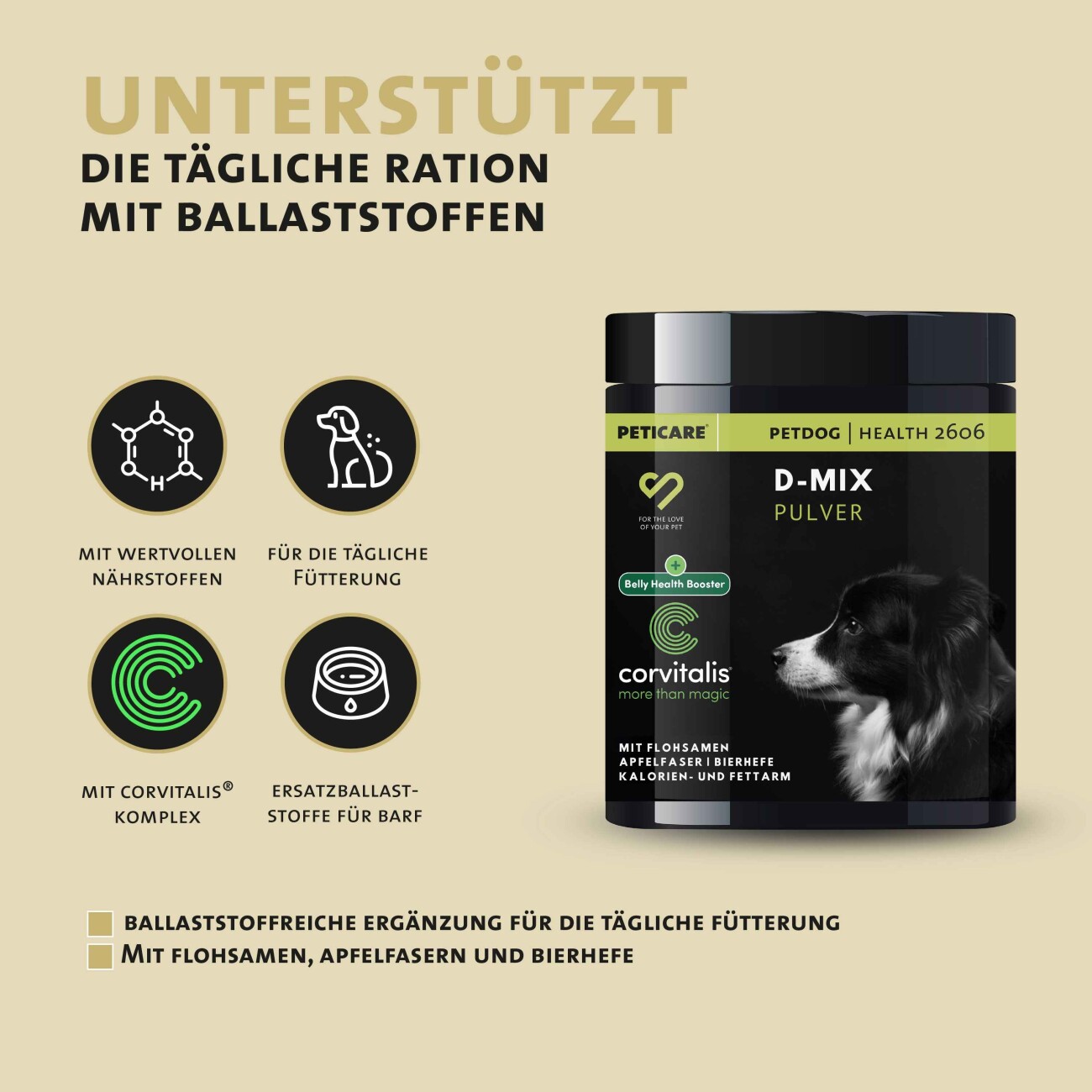 Peticare D-Mix Pulver - Sättigend mit Ballaststoffen für Hunde