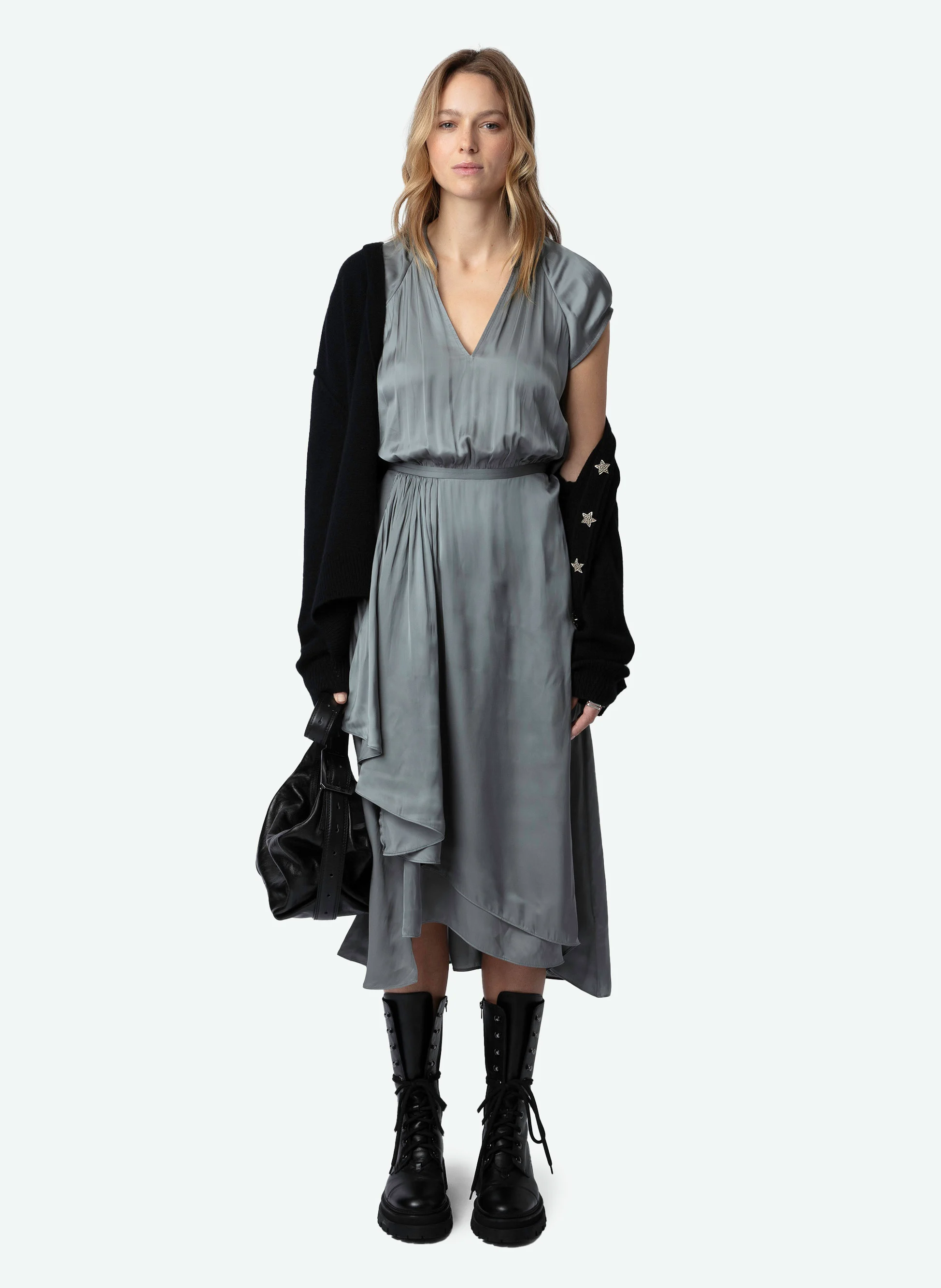 RANDALL - Robe midi col tunisien en satin| Gris