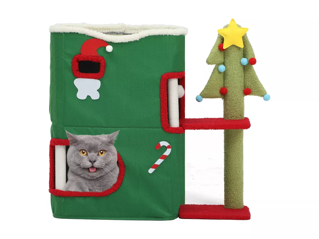 YITAHOME Maison pour Chat à 2 étages - Niche intérieur de chat - Meuble de Noël Moderne pour Chat - 68 x 35 x 64 cm - Vert