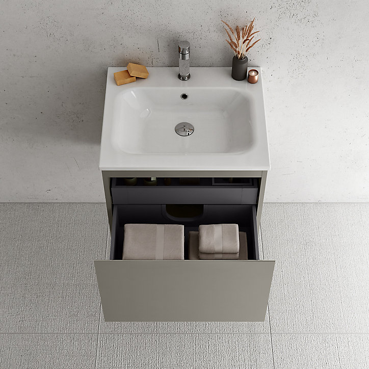 Meuble sous vasque à suspendre Pura gris 60 cm + plan vasque en résine blanc mat