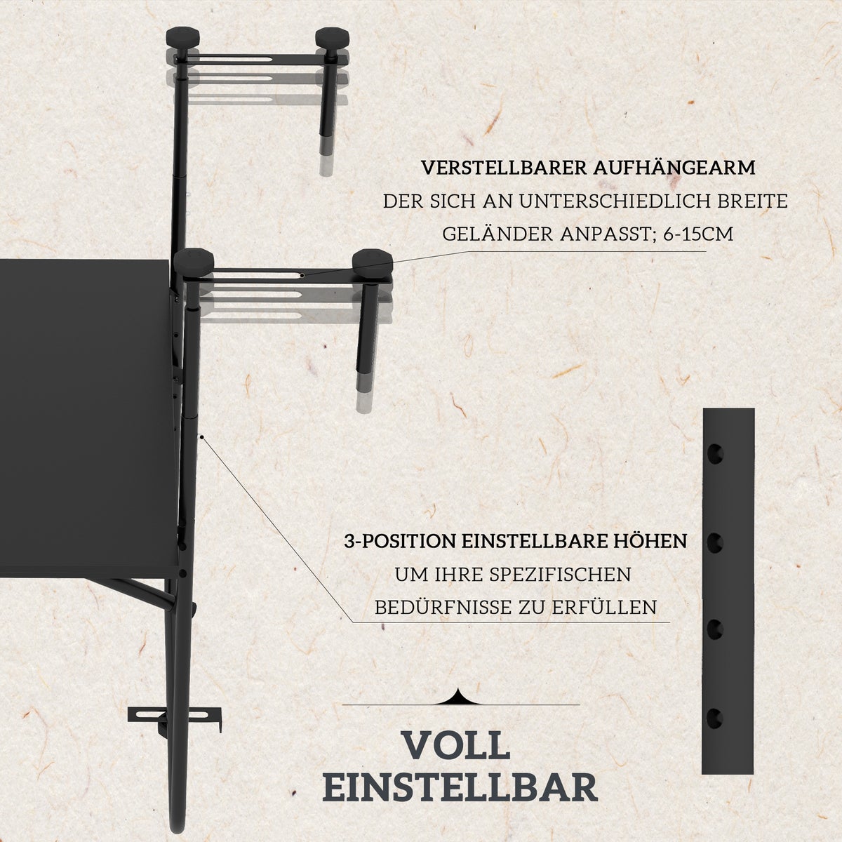 Outsunny Balkon Hangtafel, Opvouwbaar, 3-voudig in hoogte verstelbaar, Draagvermogen tot 15 kg, 62 x 60 cm, Metaal, Zwart