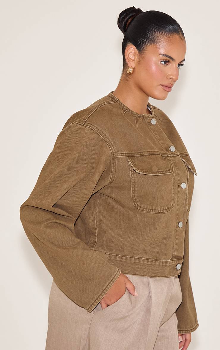 Marron Veste En Jean Sans Col Avec Détails Grande Taille