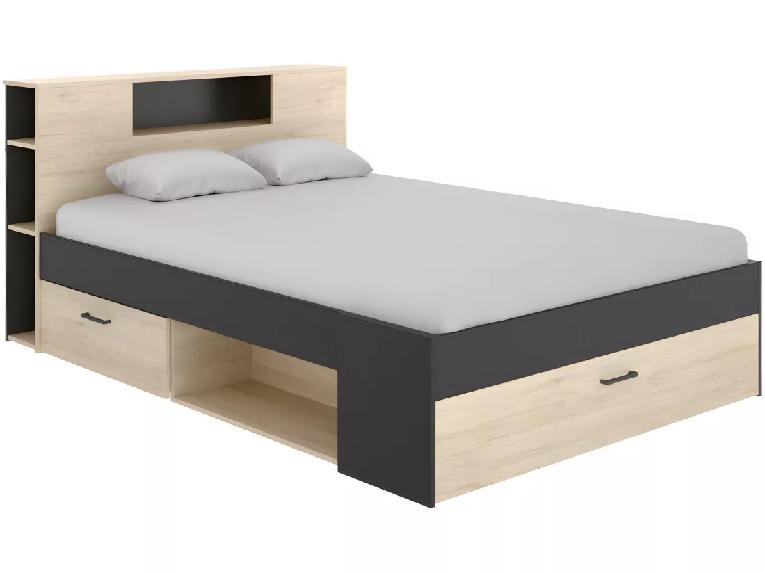 Lit avec tête de lit rangements et tiroirs - 160 x 200 cm - Coloris : Naturel et anthracite + Sommier - LEANDRE
