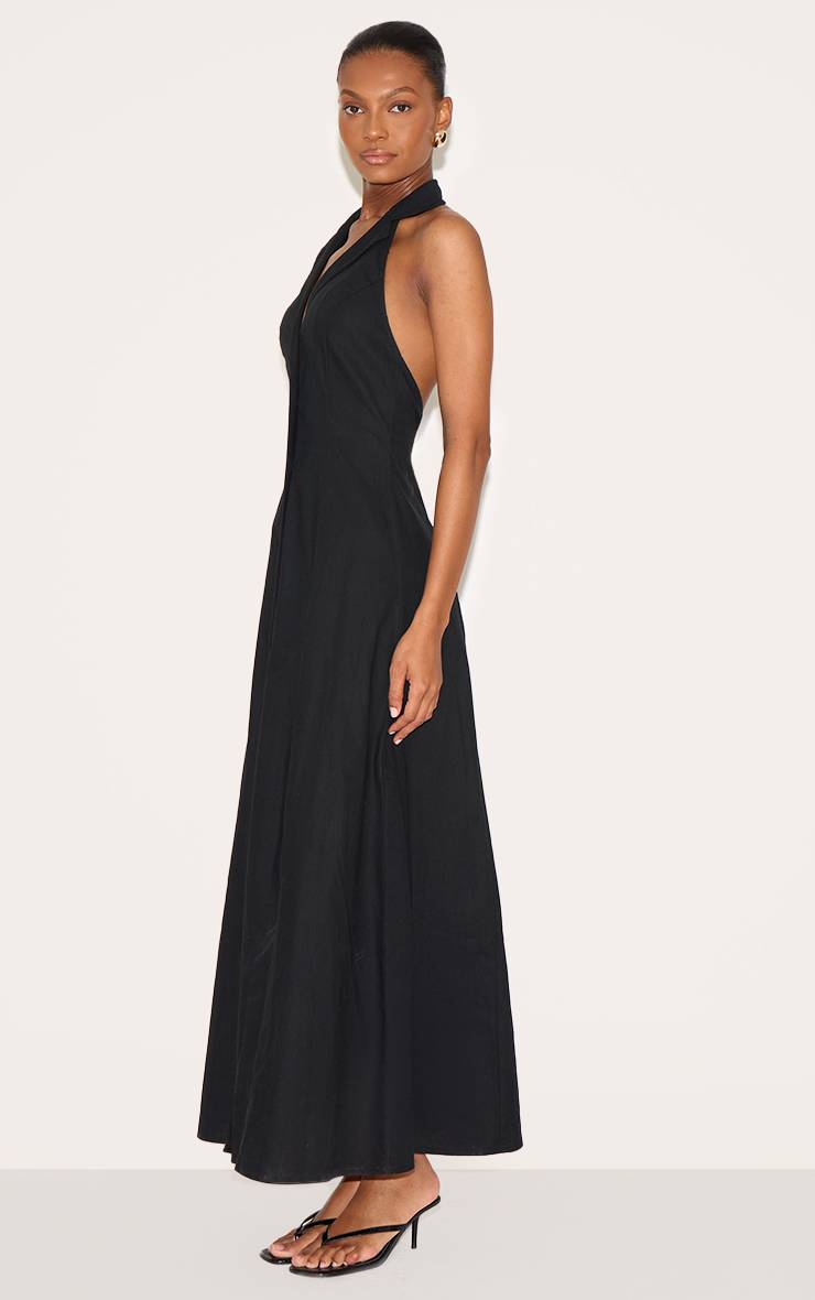 Noir Robe Longue Fleurie À Col Avec Boutonnière