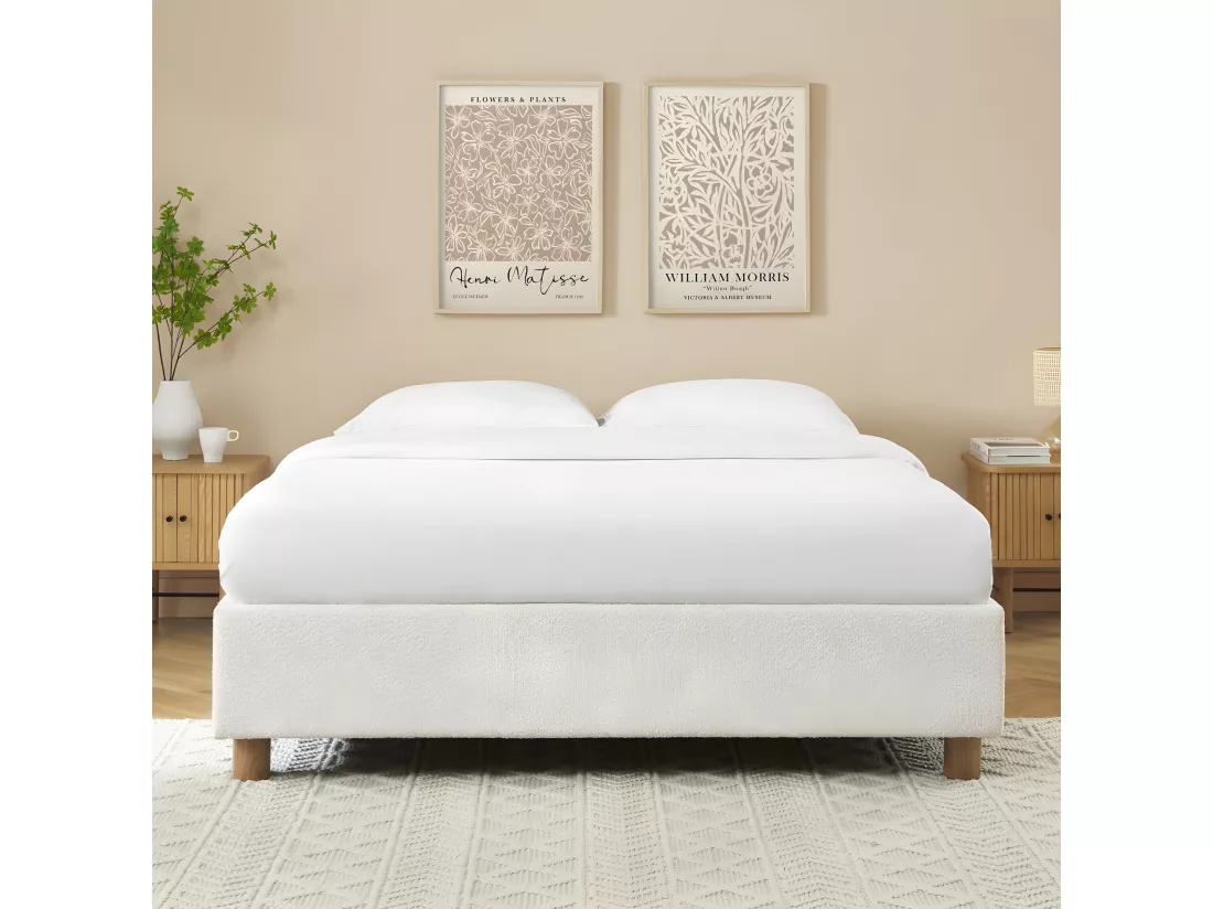 Millo - Lit coffre en tissu bouclette 160x200cm - Ecru