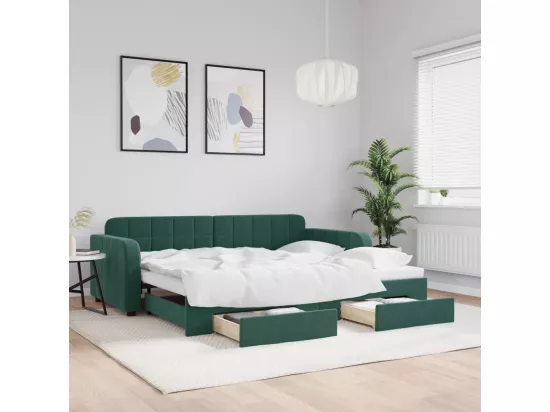 Lit de jour avec gigogne et tiroirs vert foncé 90x200cm velours