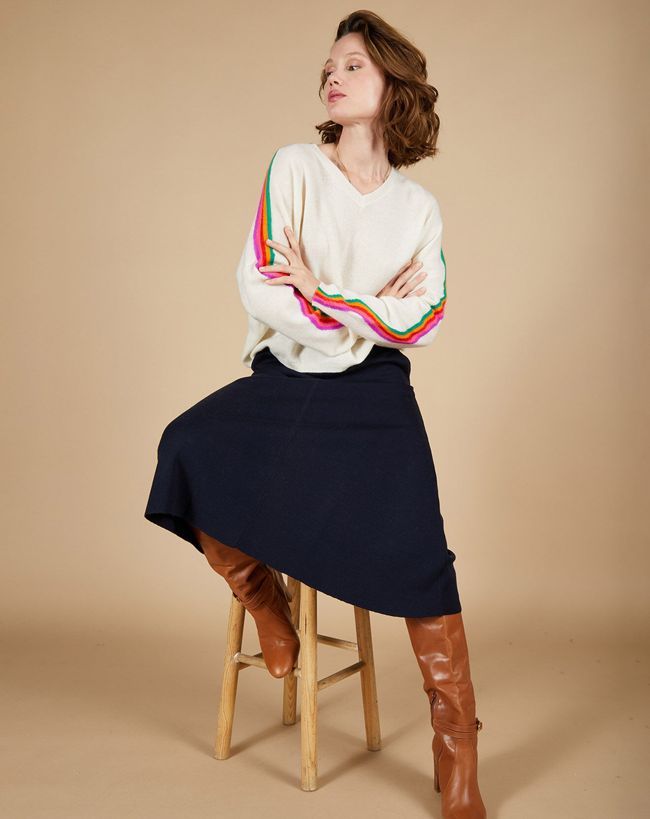 Cashmere Tribu Pull poncho 100% Cachemire Wimbow col V à bandes manches blanc cassé