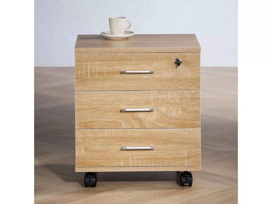 Caisson de bureau IGOR 3 tiroirs, verrouillable sur roulettes dimensions 40 x 46 x 36 cm coloris chêne sonoma, en MDF, fermant à clé