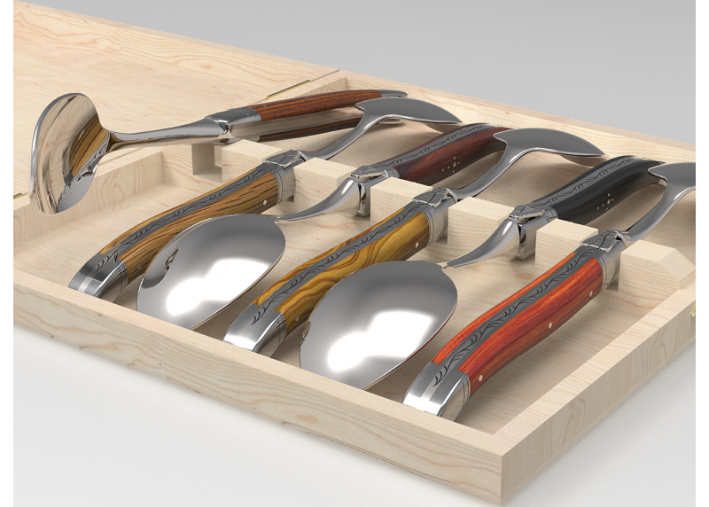 Service de 6 grandes cuillères Laguiole avec un manche en 6 bois différents et mitres inox
